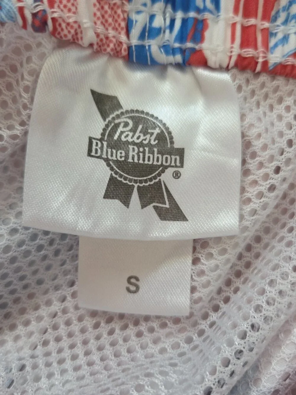 Pabst Blue Ribbon Swim Shorts Mens Small AOP Graphic Swimwear Trunks Beach Party